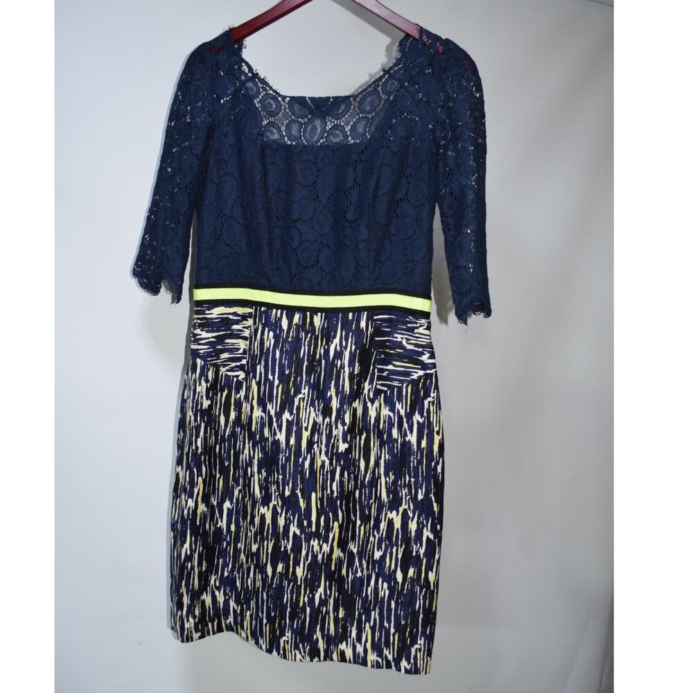 Milly Bergdorf Goodman Women’s Size 10 Navy Lace Mixed Print Dress Neon Yellow